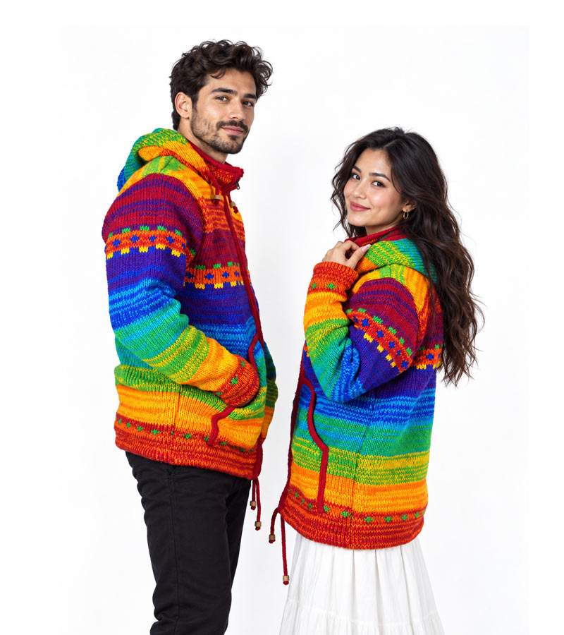 Himalayan Handmade Wool Rainbow Jacket Made in Nepal Himalayan Handmade Wool Rainbow Jacket Made in Nepal
