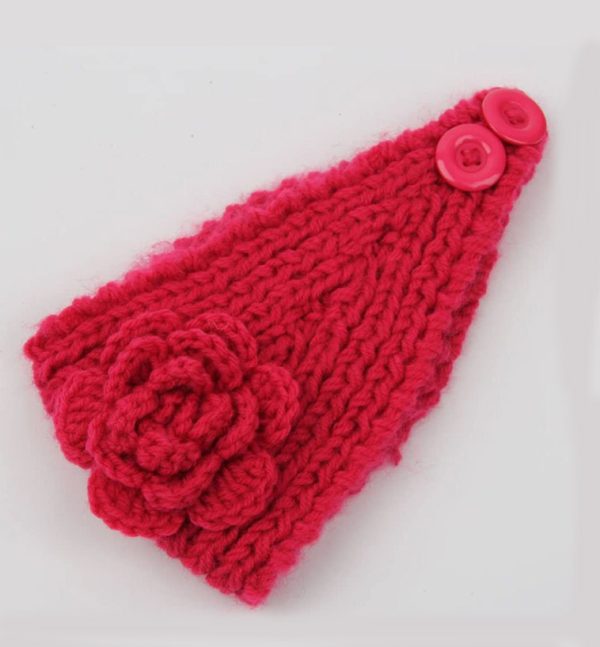 Knitted Rose Designed Plain Red Woolen Headband